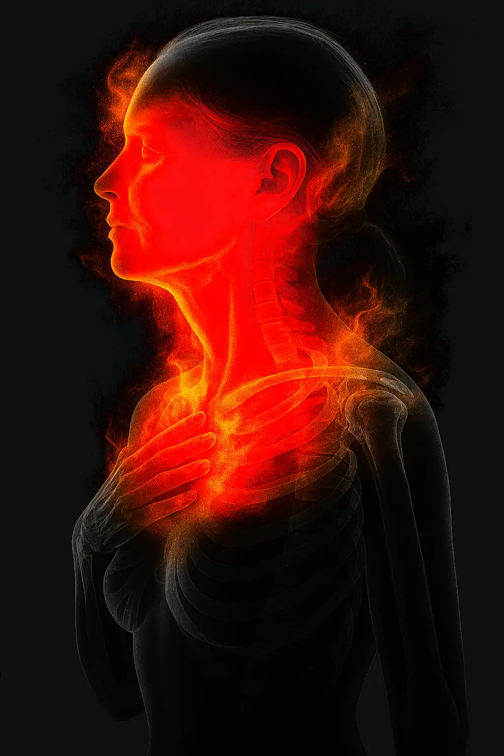 Imagem estilo raio-x demonstrando uma mulher com calor da menopausa na região do pescoço, colo e nuca