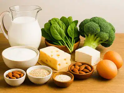 Imagem de uma bancada de alimentos ricos em vitamina D