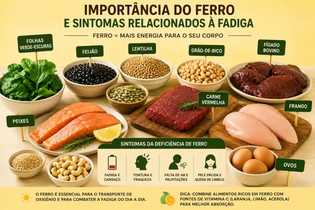 Imagem de alimentos ricos em ferro para combater a fadiga